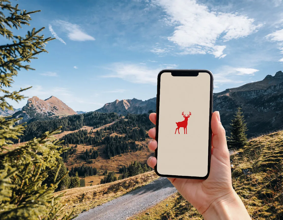 Smartphone mit Hubertus App in der Hand vor atemberaubender Berglandschaft in Mellau, Bregenzerwald – Symbol für digitale Urlaubsbegleitung und nützliche Informationen für Gäste des Aparthotel Hubertus in den Alpen.