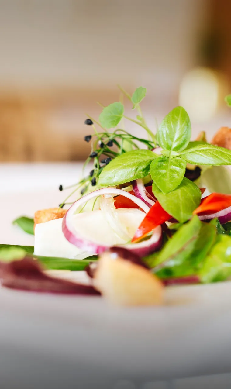Ein kunstvoll angerichteter, frischer alpiner Salatteller mit bunten Zutaten, präsentiert auf einem weißen Tisch – symbolisiert die gesunde und regionale Kulinarik im Restaurant des Aparthotel Hubertus in Mellau, Bregenzerwald.