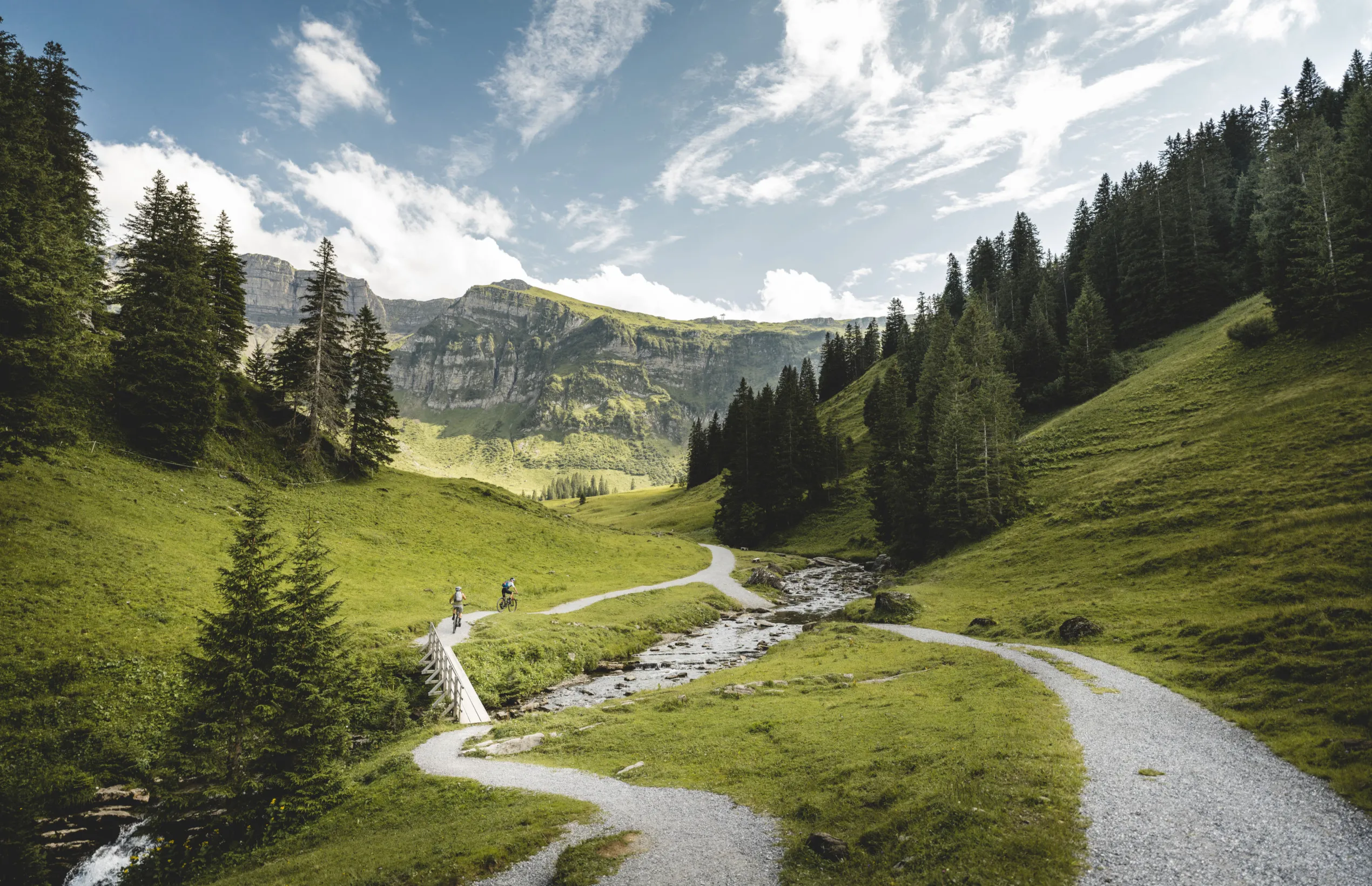Zwei Mountainbiker auf einem malerischen Weg durch ein grünes Alpental mit einem sich schlängelnden Bach, umgeben von dichten Wäldern und majestätischen Bergen, das die ideale Landschaft für Outdoor-Aktivitäten in der Region Bregenzerwald zeigt.