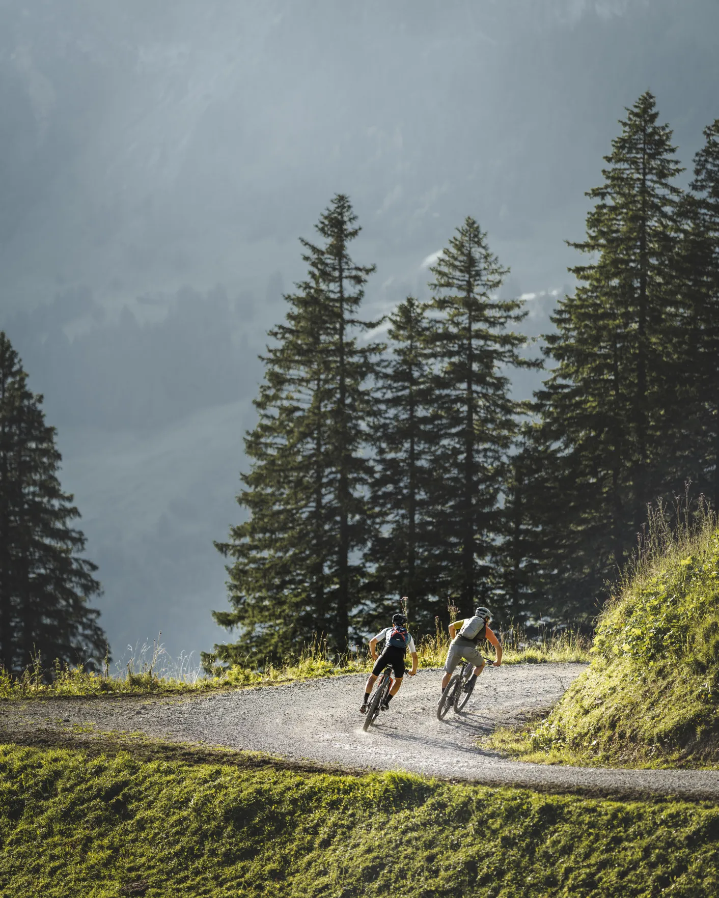 Zwei Mountainbiker auf einem Schotterweg, der sich durch eine bewaldete Berglandschaft schlängelt, zeigt dynamische Radtouren und die vielfältigen Outdoor-Möglichkeiten rund um das Aparthotel Hubertus in Mellau.